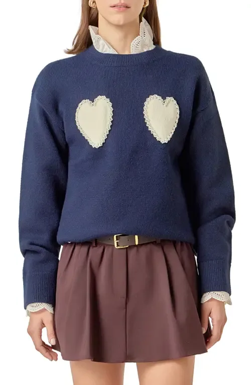 Faux Pearl Heart Crewneck Sweater by English Factory