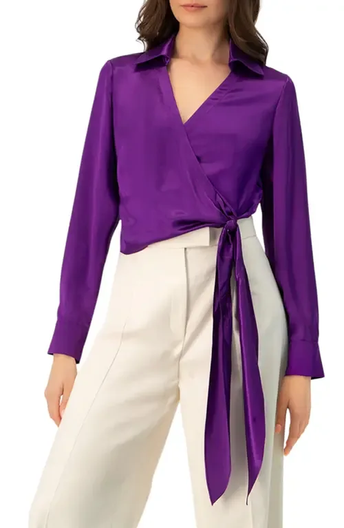 Wrap Satin Blouse with Tie Detail by IVONNE
