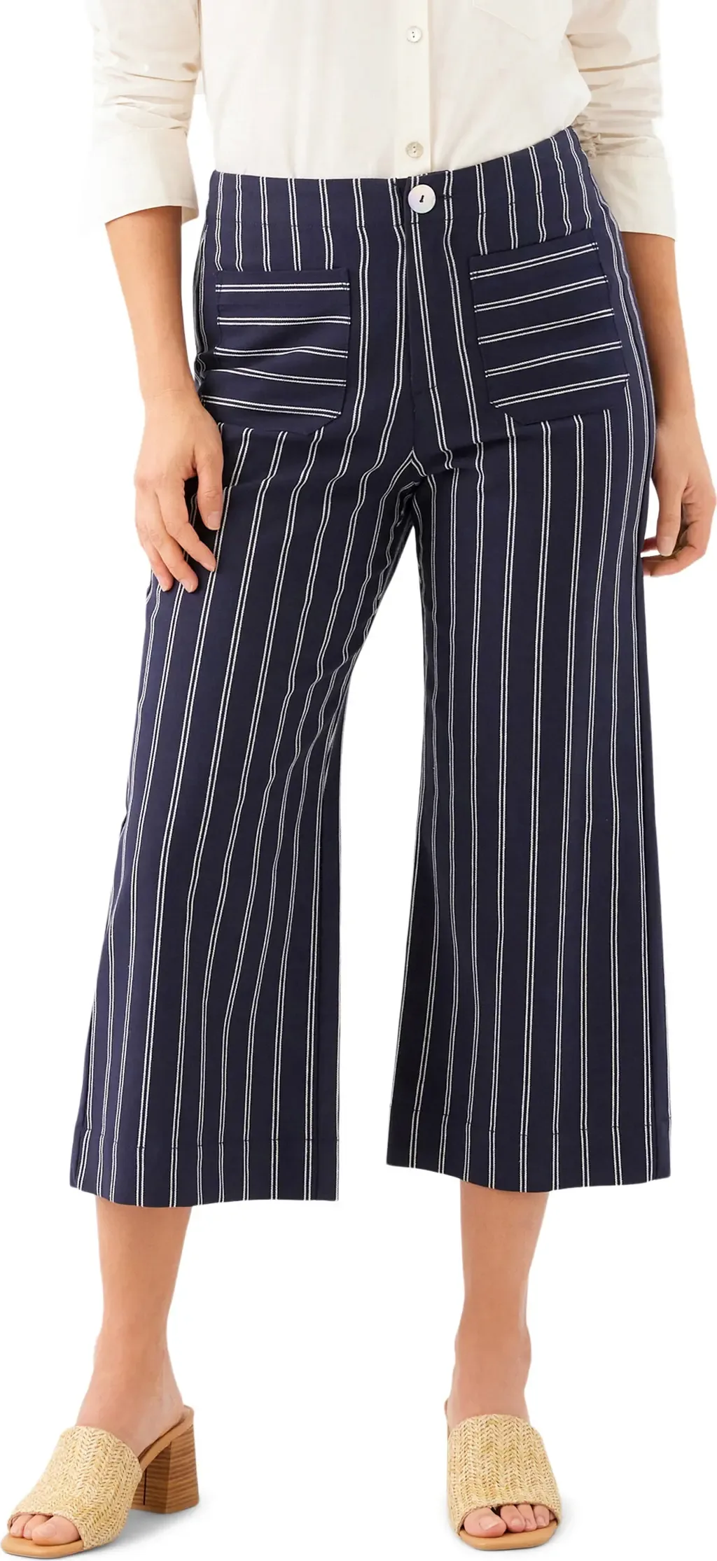 Stripe Cotton Blend Crop Wide Leg Pants