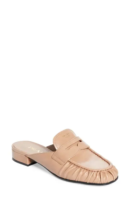 Ruched Apron Toe Penny Loafer Mule by Prada