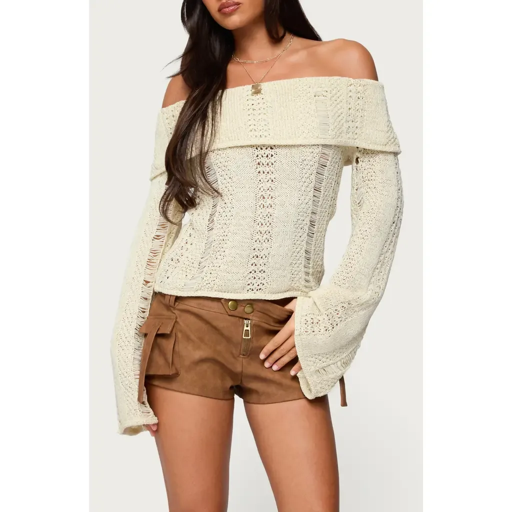 Distressed Foldover Off the Shoulder Sweater by EDIKTED