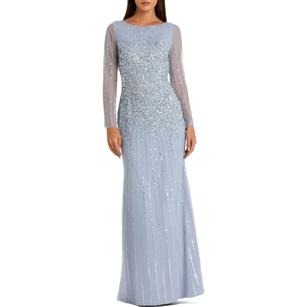 High Neck Sequin Embellished Long Sleeve a Line Gown by Mac Duggal