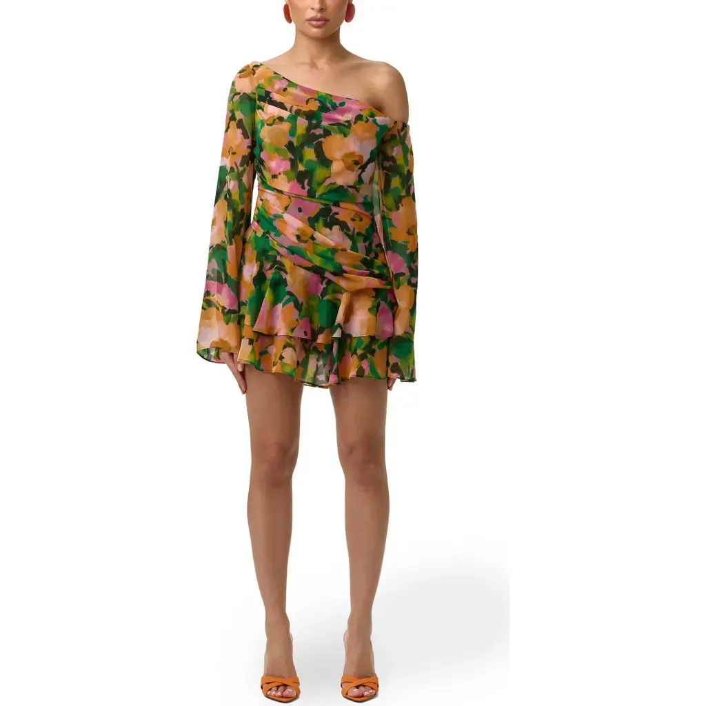 Ruffle Print One-Shoulder Long Sleeve Minidress by Naked Wardrobe