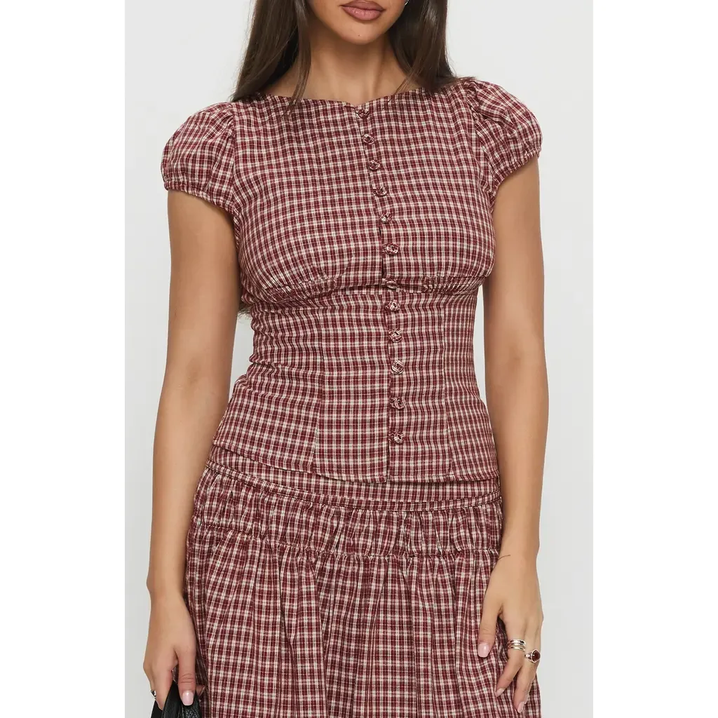 Alixandra Check Cap Sleeve Cotton Button-Up Top by Princess Polly
