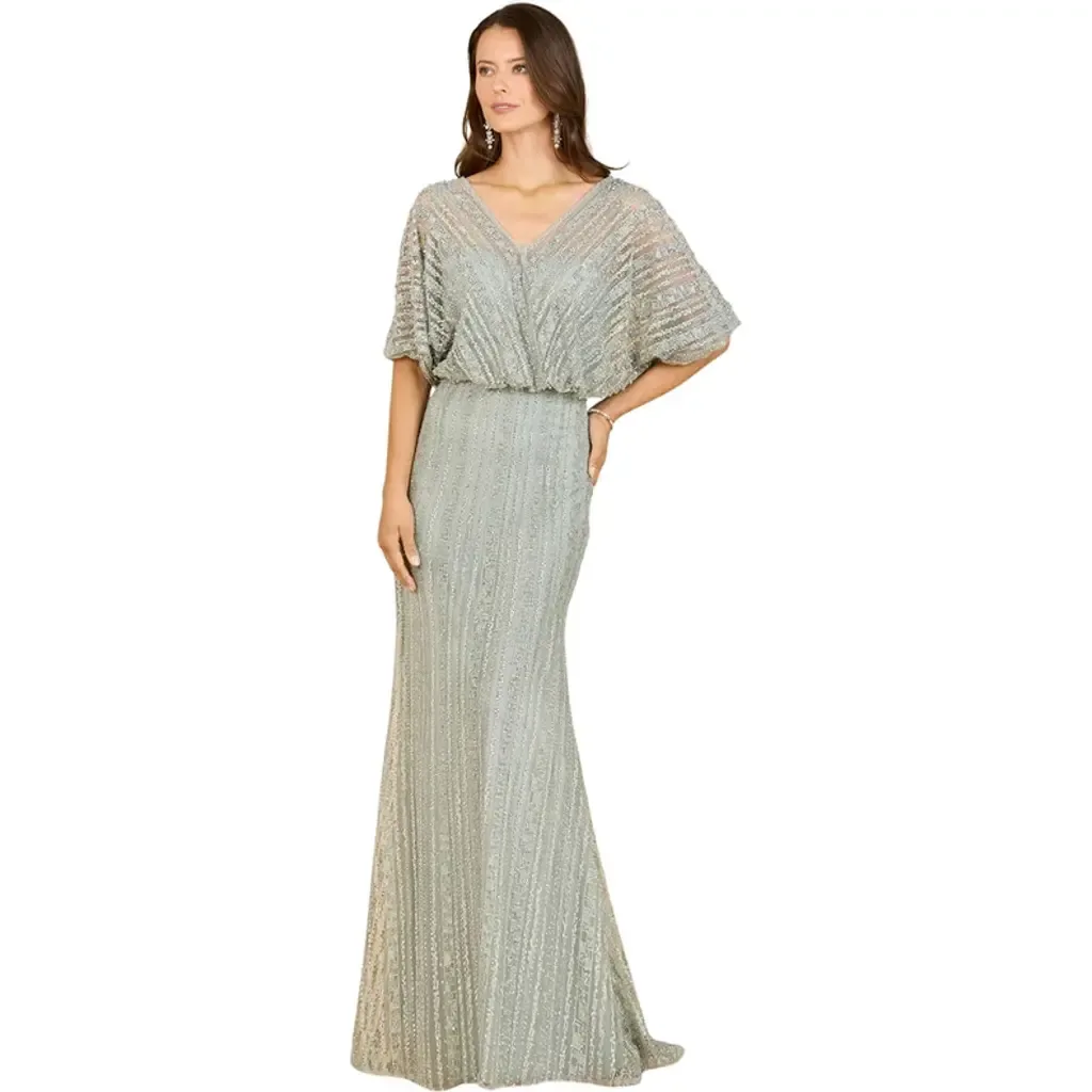 Cape Sleeve V-Neck Gown with Geometric Beading by LARA New York