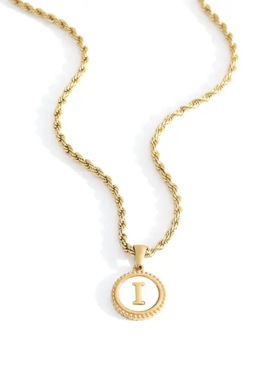 Mother of Pearl Disc Letter with Rope Chain Necklace in Letter I by Mint & Lily
