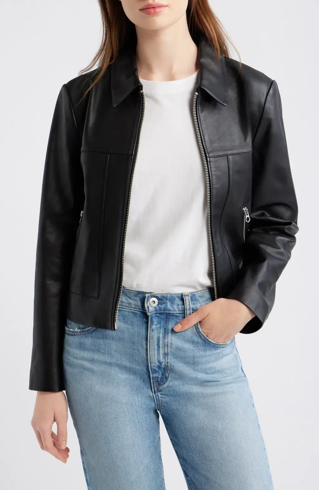 Shrunken Leather Zip Jacket