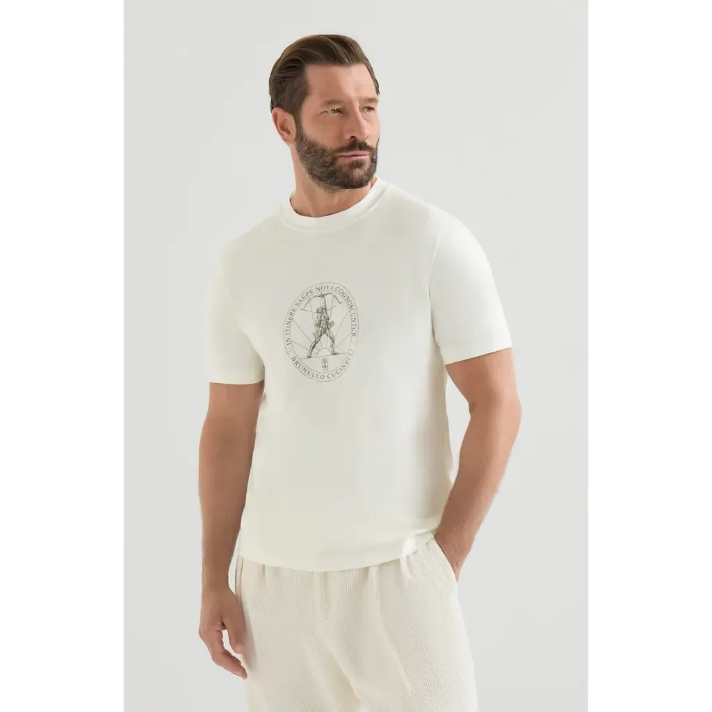 Cotton Jersey Crew Neck T-Shirt with Print by Brunello Cucinelli
