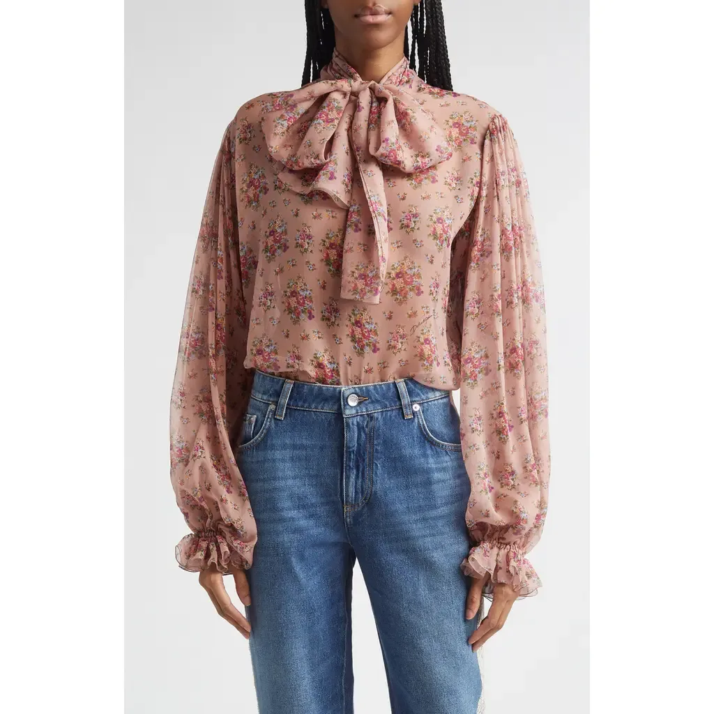 Floral Bouquets Silk Chiffon Tie Neck Shirt by Dolce&Gabbana