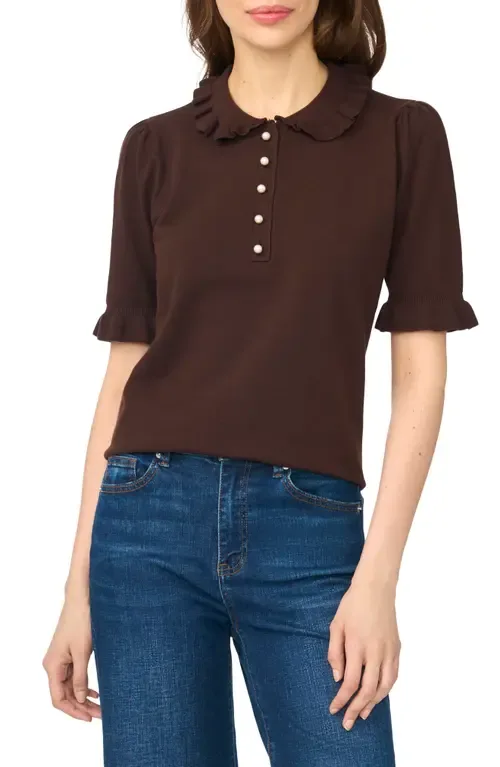Ruffle Collar Short Sleeve Polo Sweater by CeCe