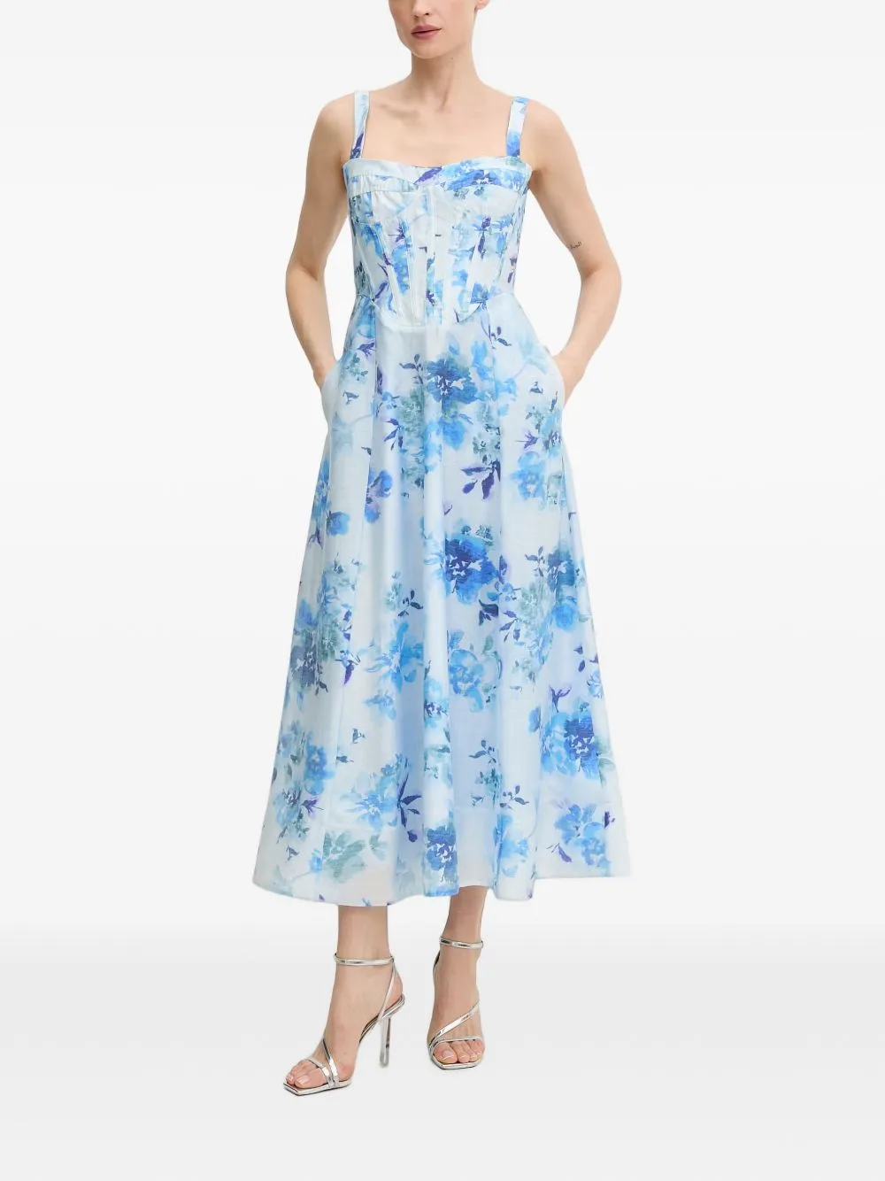 Floral-Print Corset-Style Midi Dress