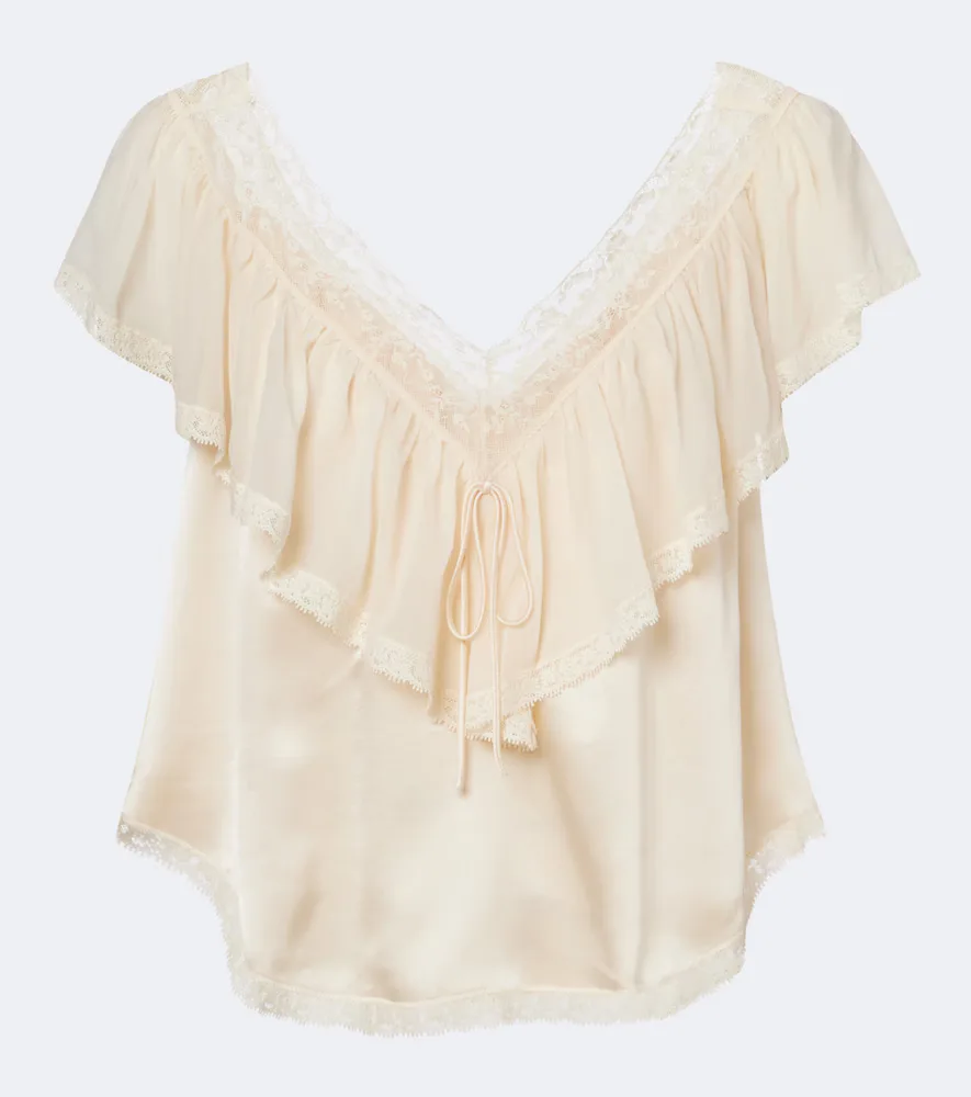 Yadira Lace-Trimmed Ruffled Silk Blouse by Doen