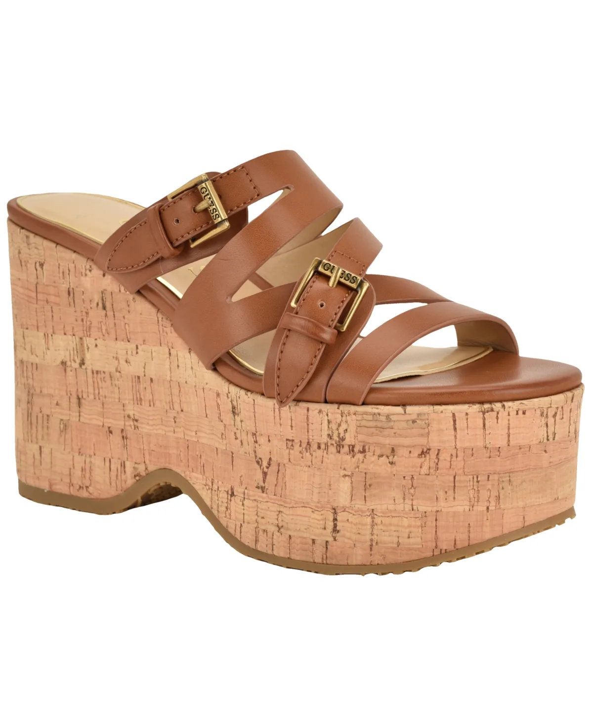 Nailah Strappy Buckles Cork Platform Wedge Sandal by Guess
