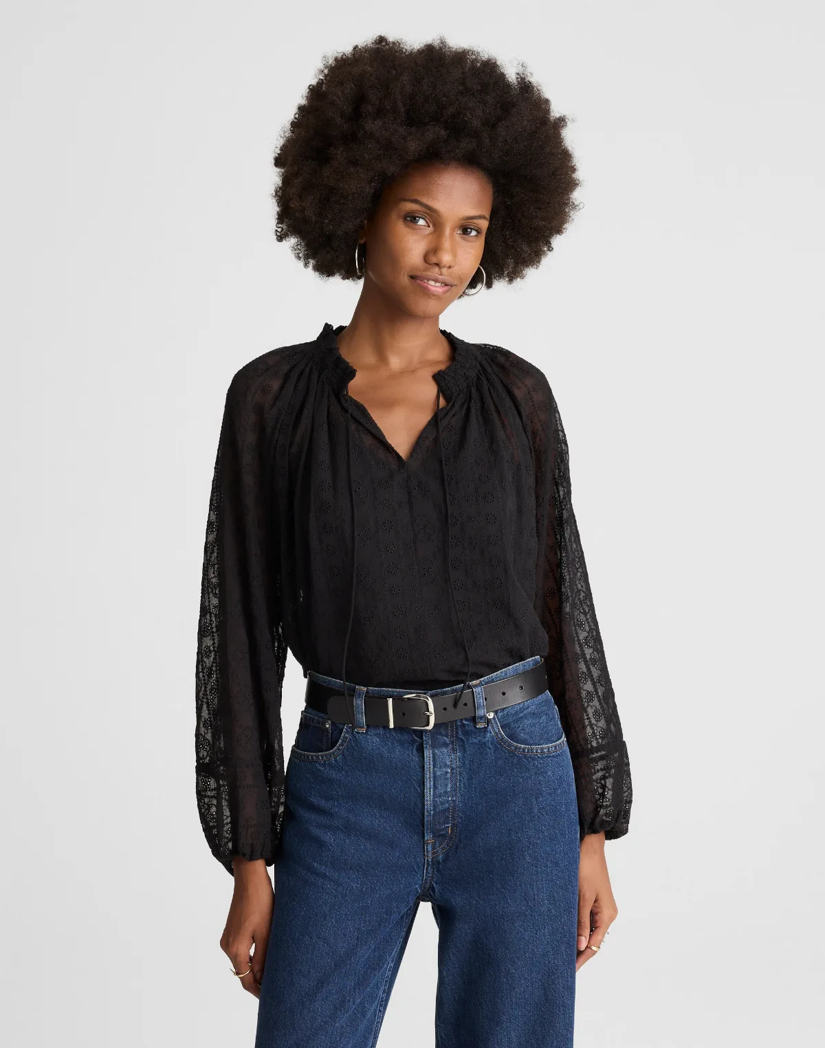 Embroidered Tie-Neck Long-Sleeve Top by MW