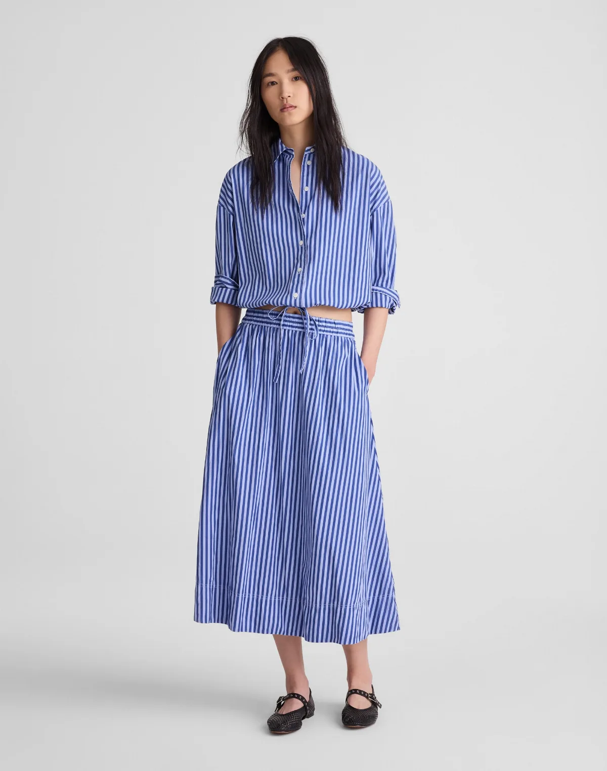 A-Line Midi Skirt in Striped Poplin by MW