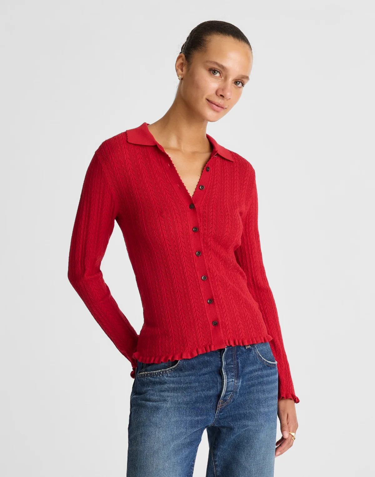 Ruffle-Trim Pointelle Cardigan