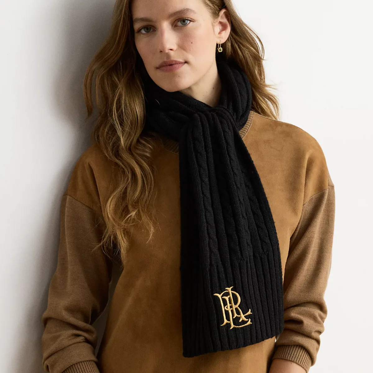 Embroidered-Logo Cable-Knit Scarf by Lauren Ralph Lauren