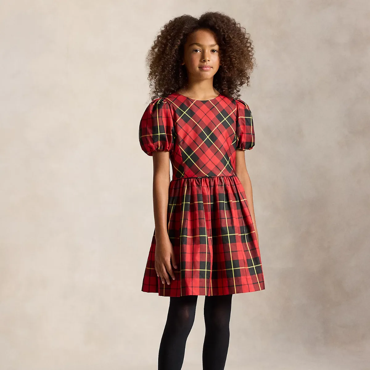Plaid Balloon-Sleeve Taffeta Dress by Ralph Lauren