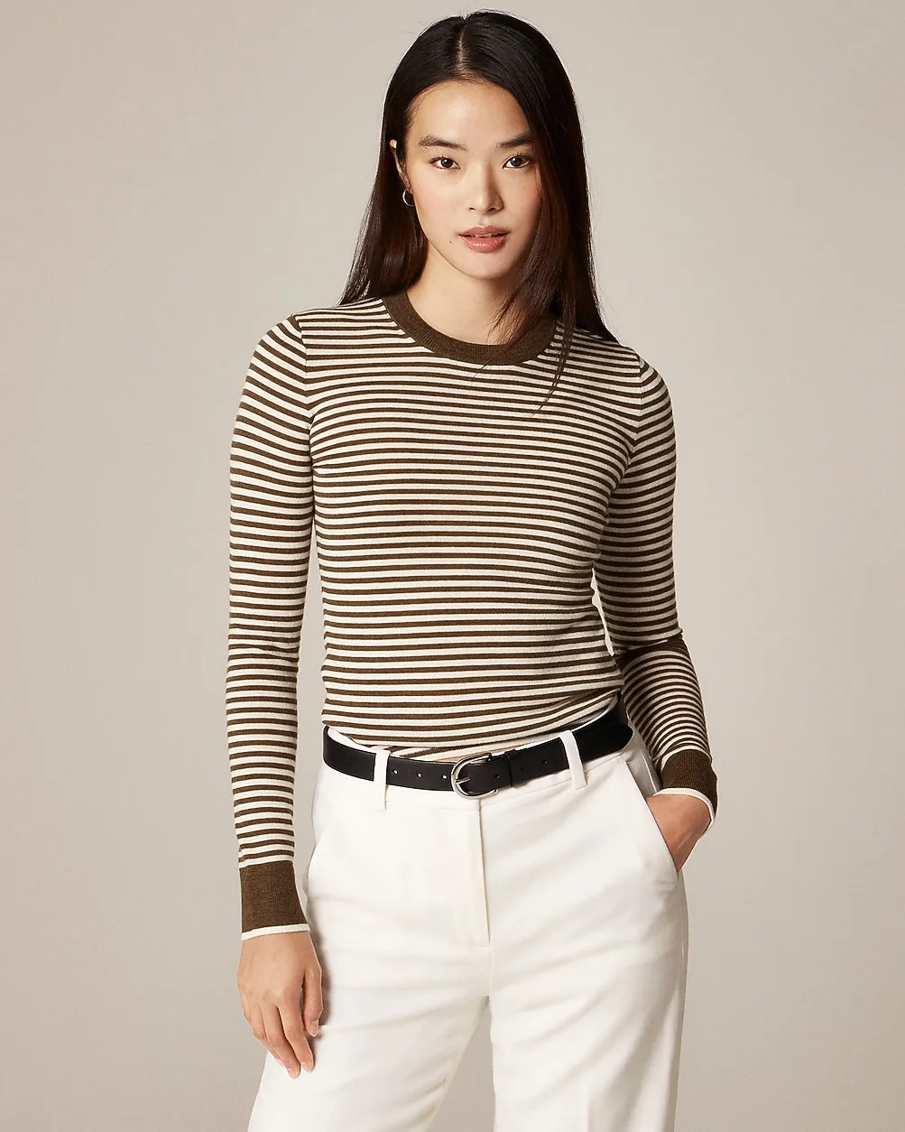 Carolyn Fitted Crewneck Sweater in Striped Merino Wool Blend by J.Crew