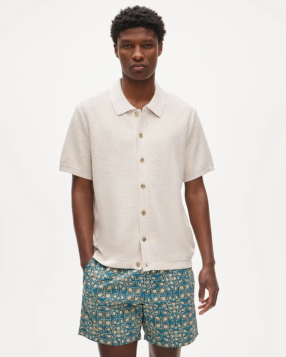 Short-Sleeve Texture-Stitch Polo Cardigan Sweater in Cotton