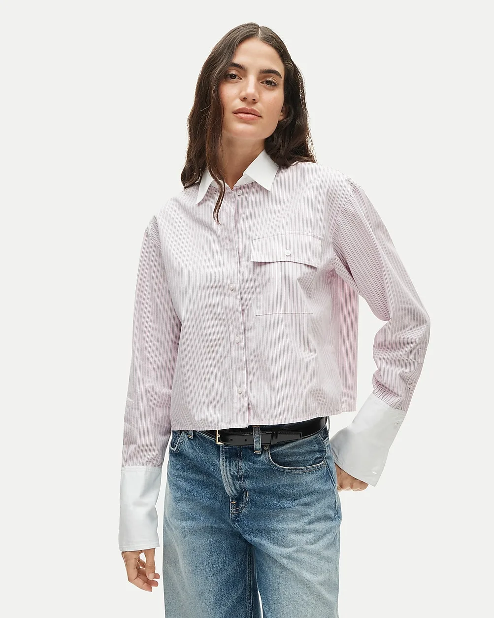 Esme Cropped Button-Up Shirt in Striped Cotton Poplin