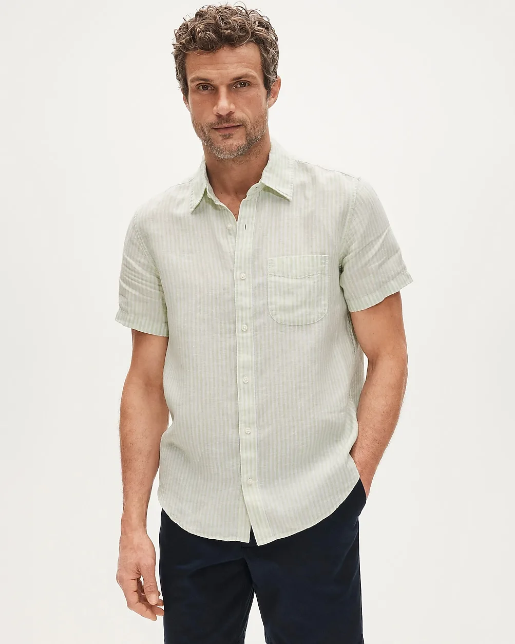 Short-Sleeve Point-Collar Linen Shirt in Stripe