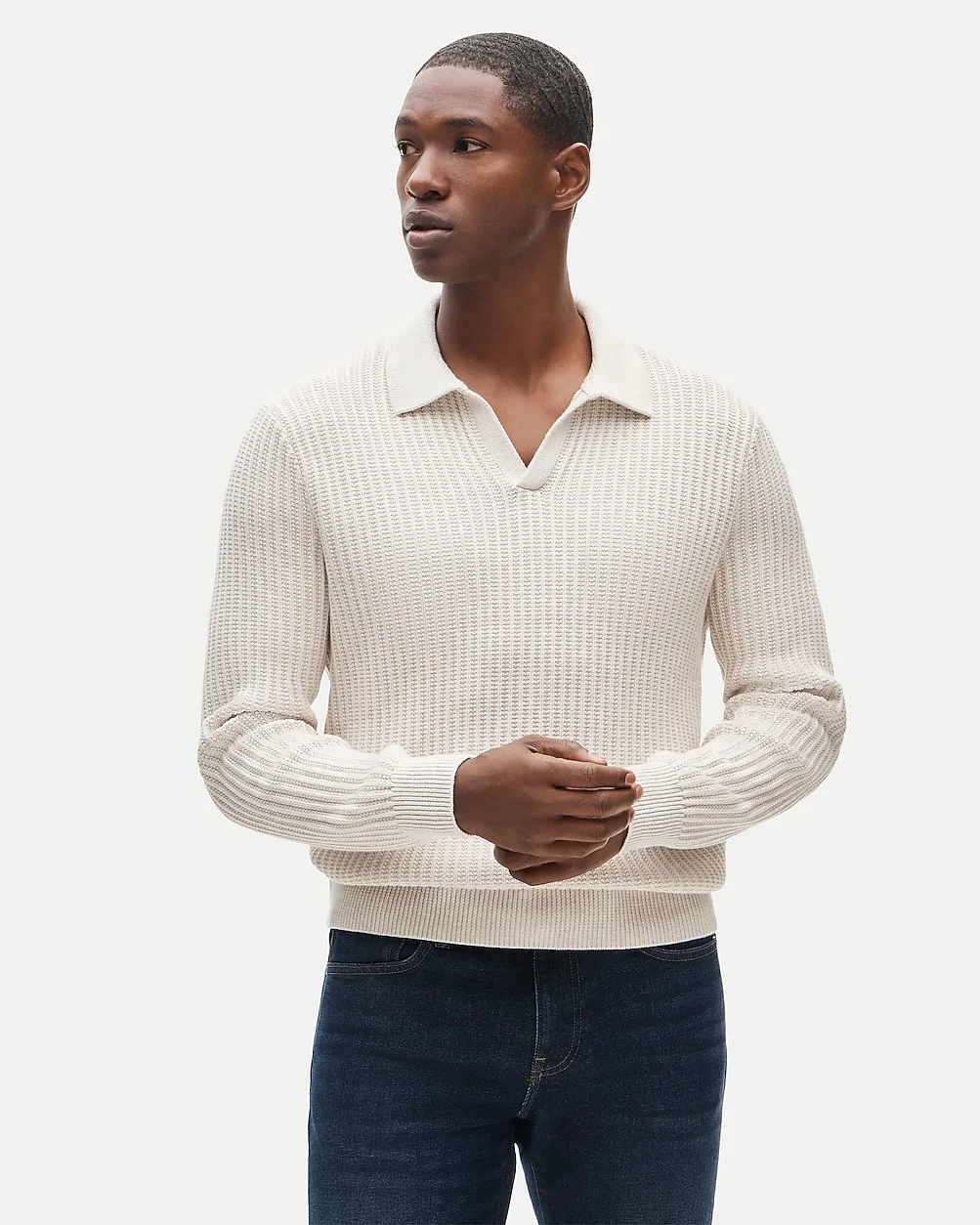 Fisherman-Rib Johnny-Collar Sweater in Cotton by J.Crew