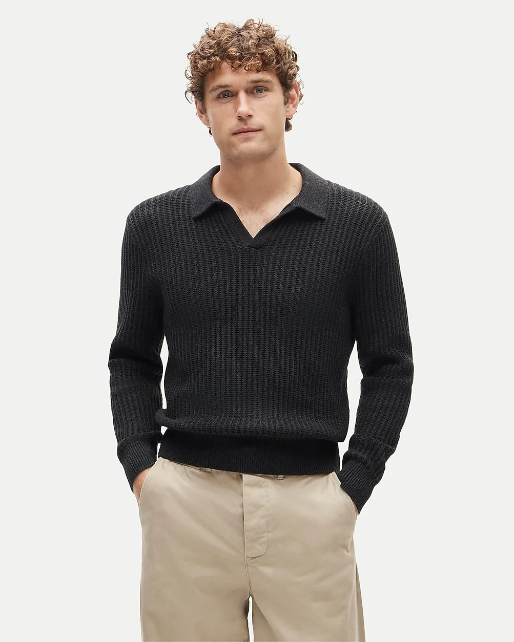 Fisherman-Rib Johnny-Collar Sweater in Cotton