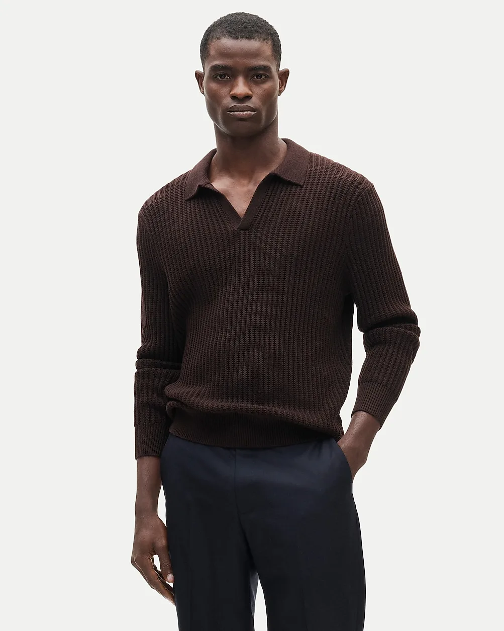 Fisherman-Rib Johnny-Collar Sweater in Cotton