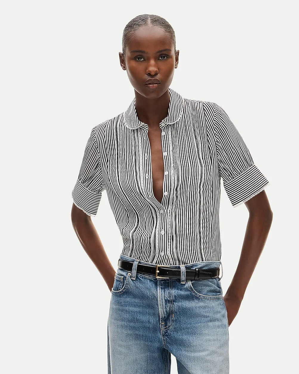 Lace-Trim Button-Up Top in Striped Crepe De Chine by J.Crew
