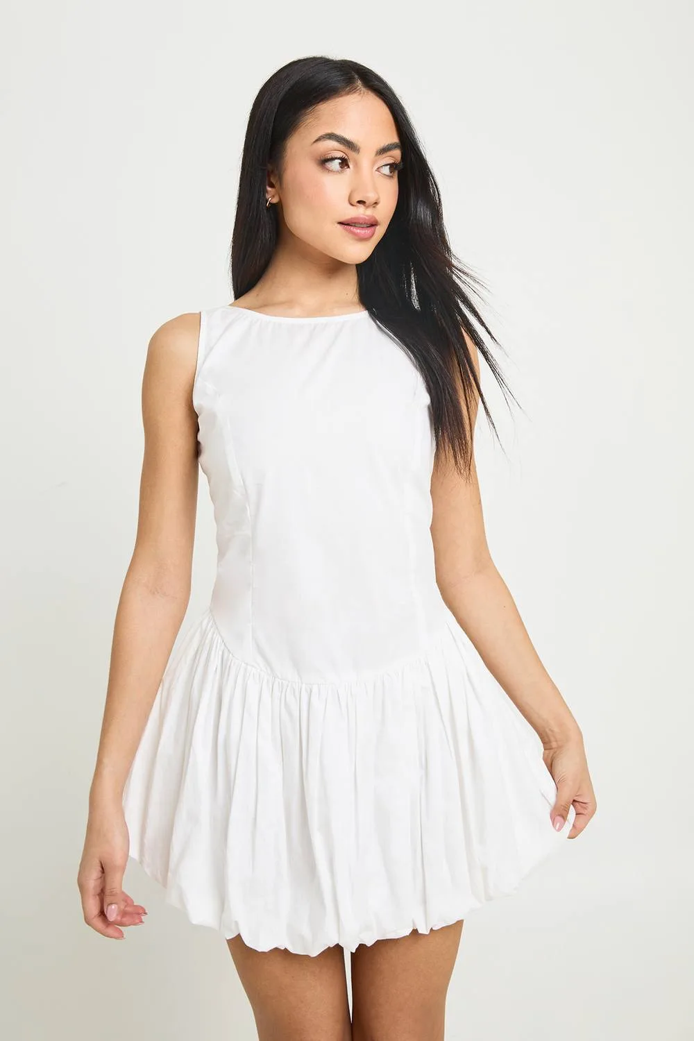 Cotton Poplin Bubble Hem Racer Mini Dress - Denim/Cotton