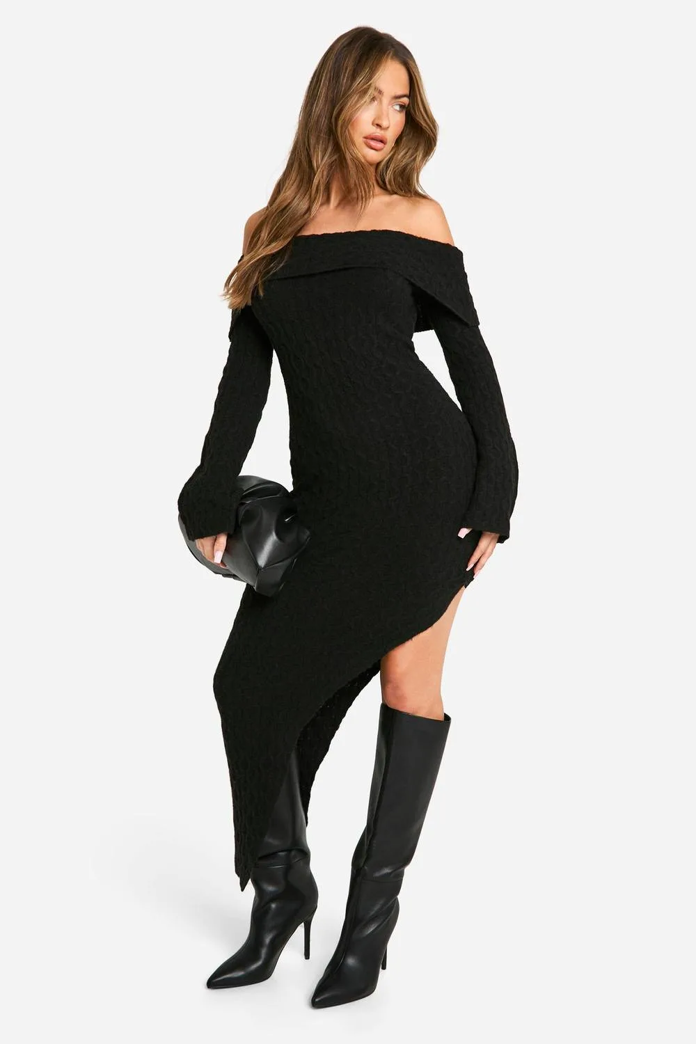 Soft Cable Asymmetric Hem Bardot Maxi Dress - Knitted