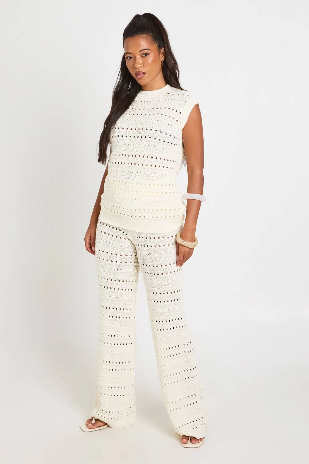 Crochet Knit Longline Top & Trouser Co-Ord by boohoo