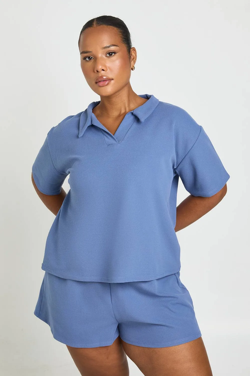 Plus Waffle V Neck Oversized Top - Denim/Polyurethane by boohoo