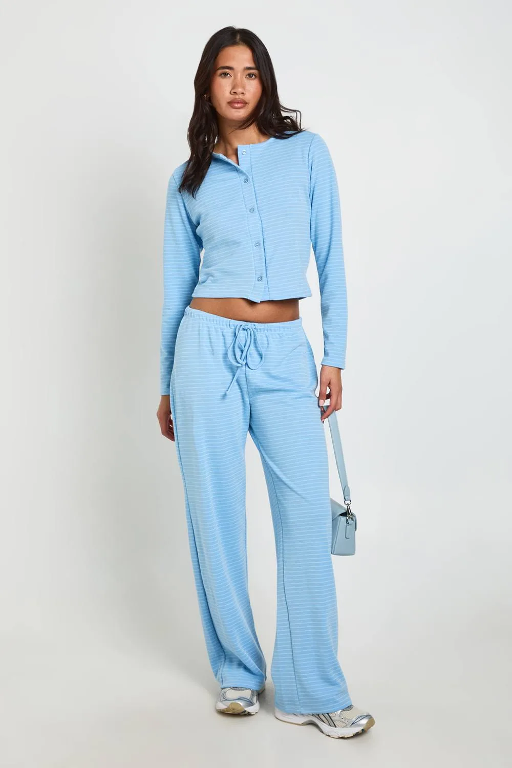 Stripe Minimal Waistband Wide Leg Trousers - Denim/Polyurethane by boohoo