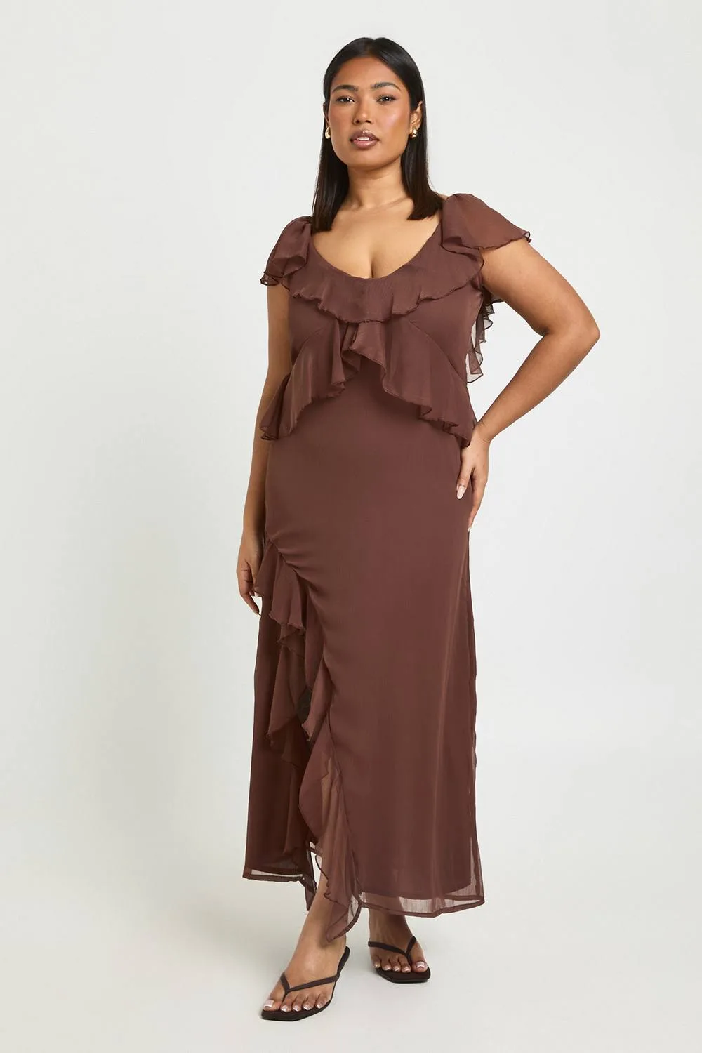 Plus Chiffon Ruffle Hem Angel Sleeve Midaxi Dress