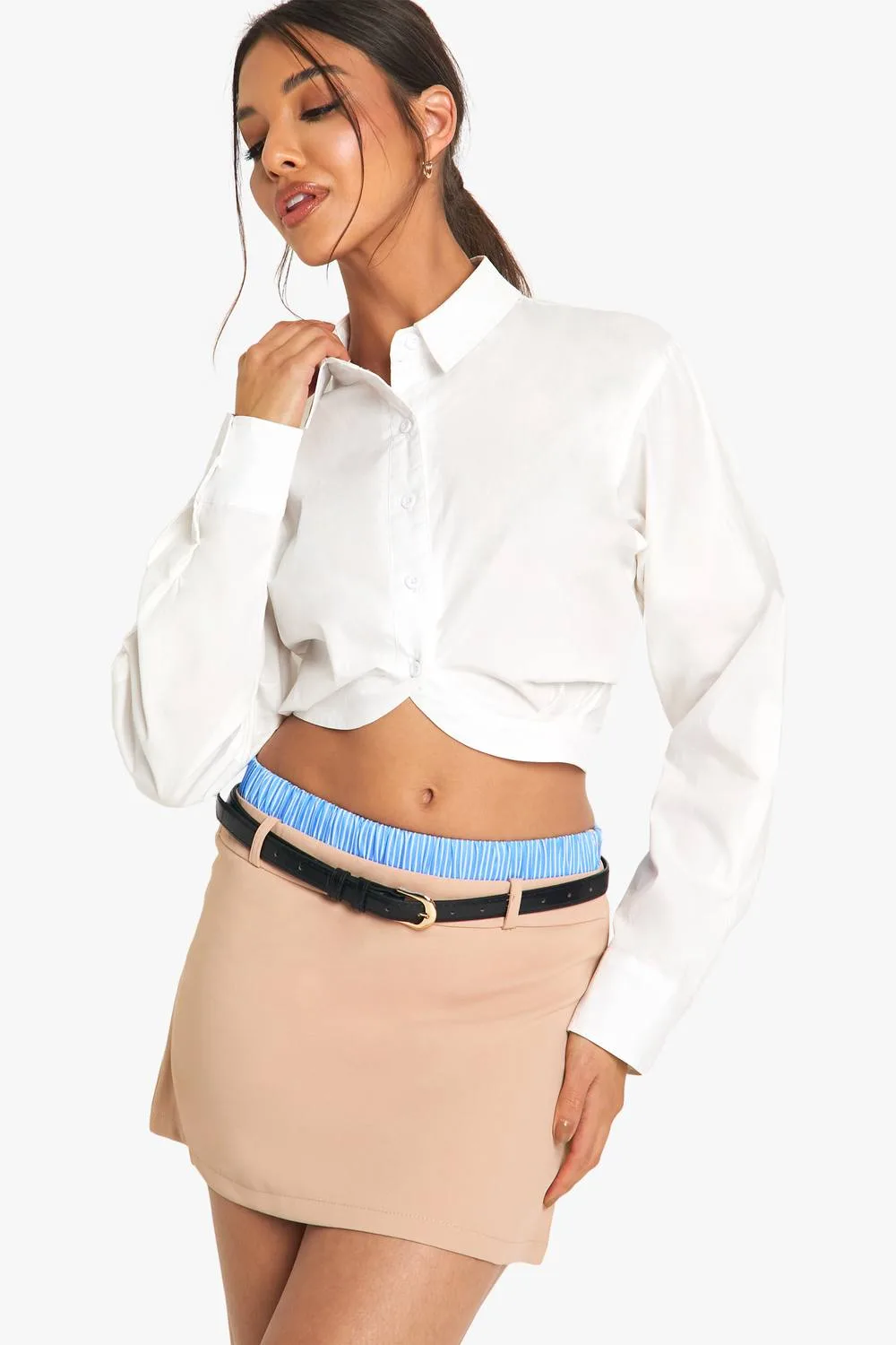 Contrast Stripe Waistband Belted Mini Skirt - Woven by boohoo