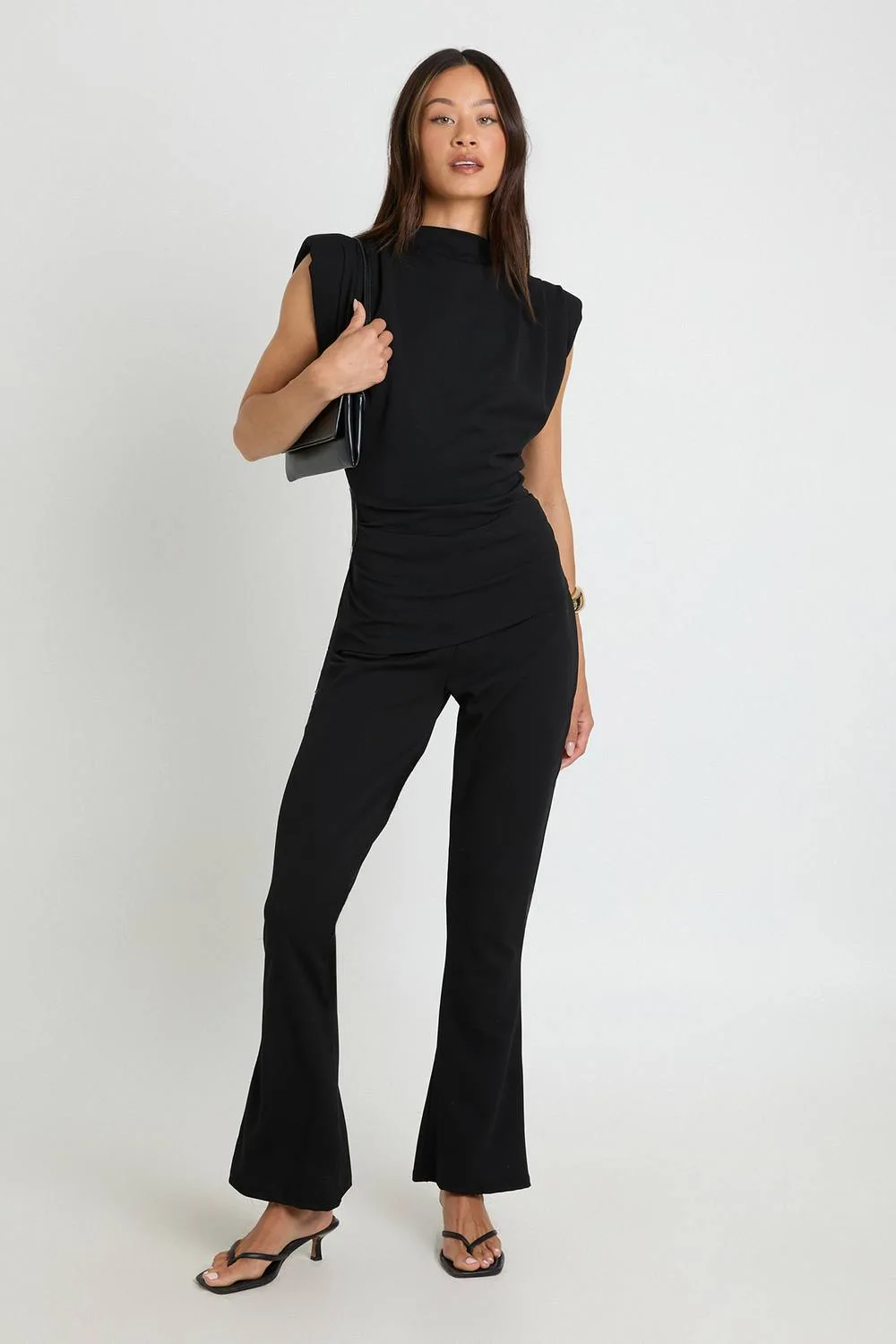 Tall Scuba Crepe Shoulder Pad Top & Flare Set - Polyurethane by boohoo