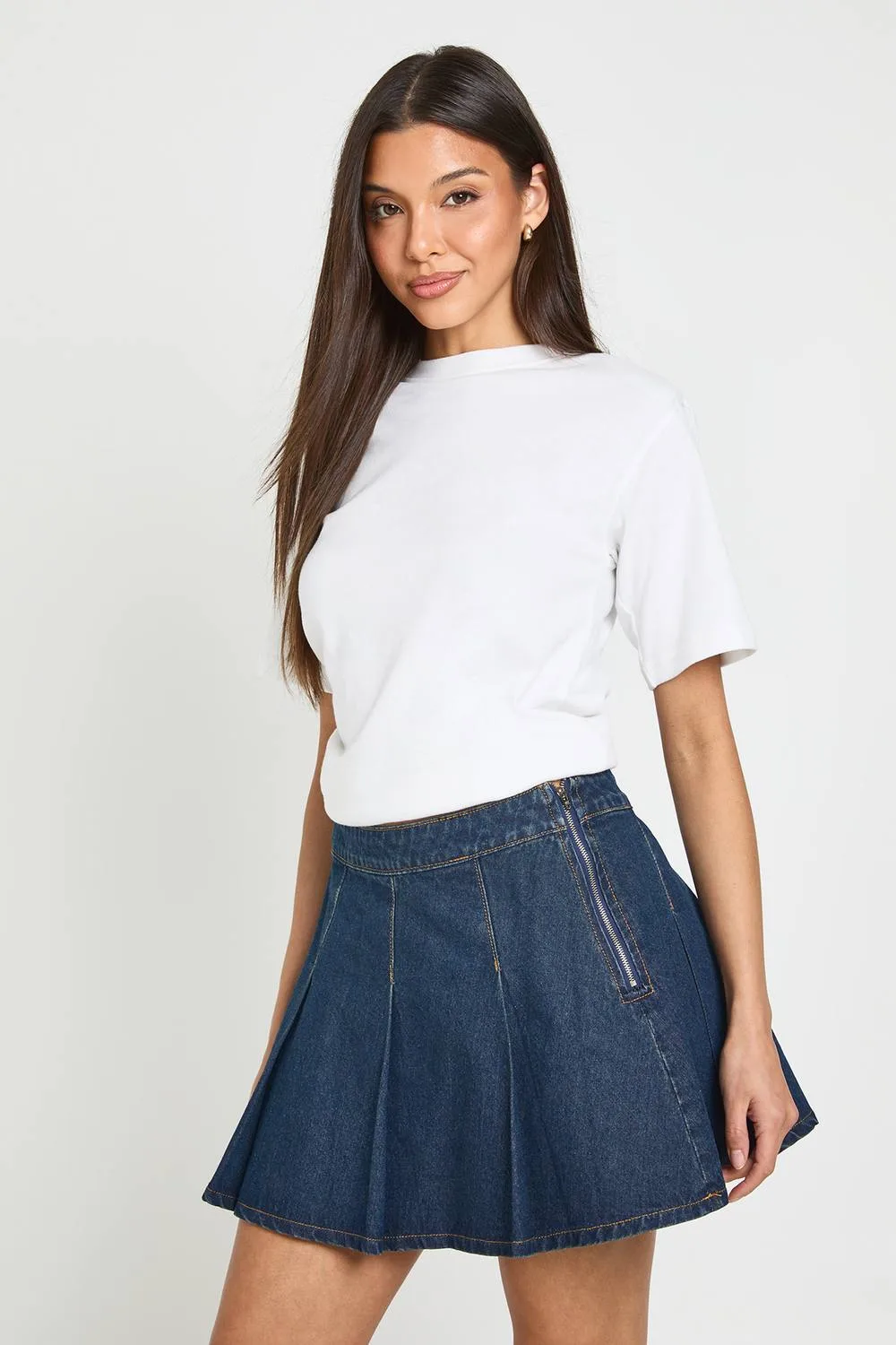 Pleated Denim Skirt - Denim/Cotton/Polyurethane by boohoo
