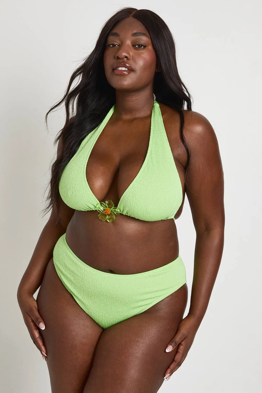 Plus Flower Trim Textured Triangle Bikini Top & High Waist Bikini Bottom - Knitted