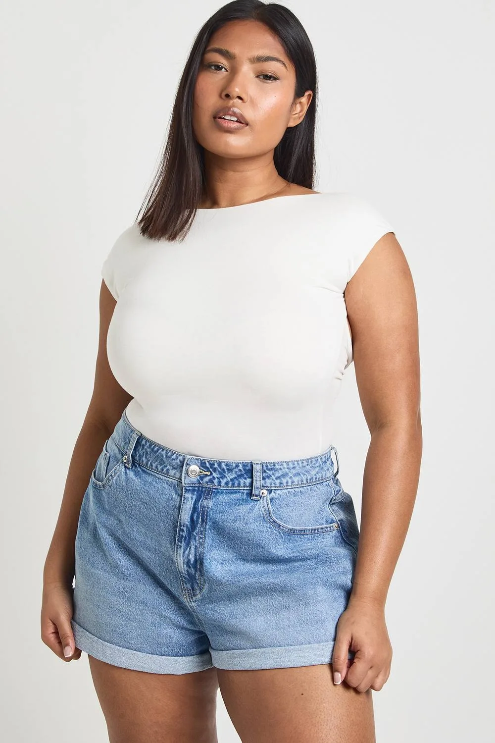 Plus Denim Mom Short - Denim/Cotton by boohoo