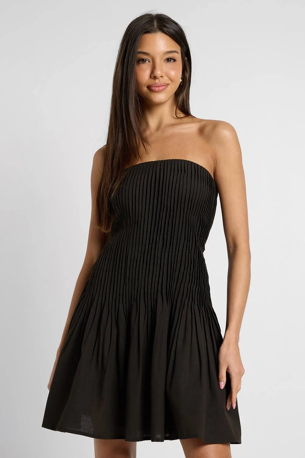 Linen Pleated Bandeau Skater Dress - Denim/Linen by boohoo