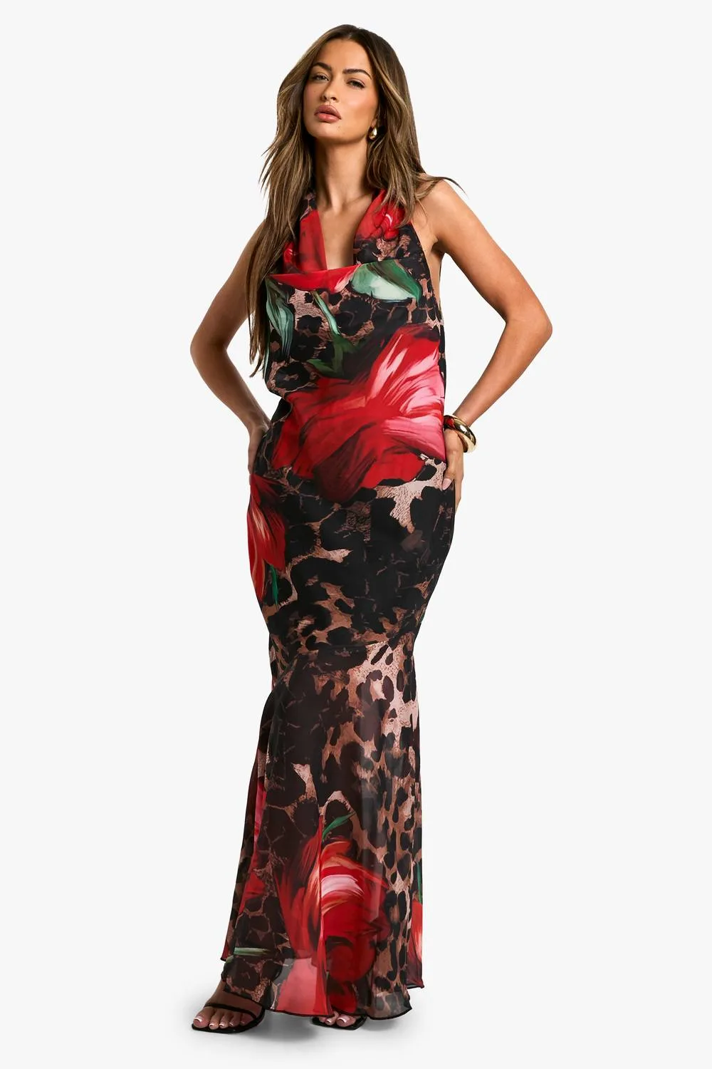 Leopard Floral Mix Chiffon Halterneck Maxi Dress - Chiffon/Woven by boohoo