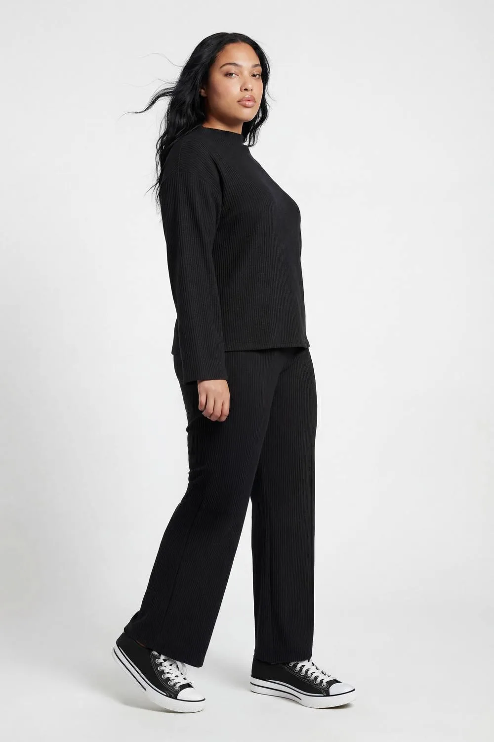 Plus Brushed Rib High Neck Boxy Top & Trouser Co Ord - Woven