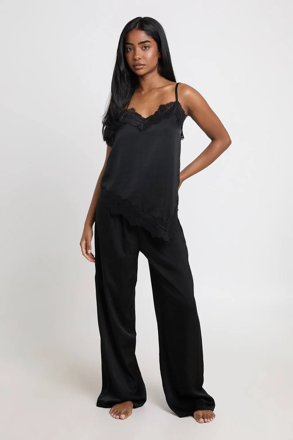 Satin Lace Trim Asymmetric Hem Cami & Trouser Pyjama Set by boohoo