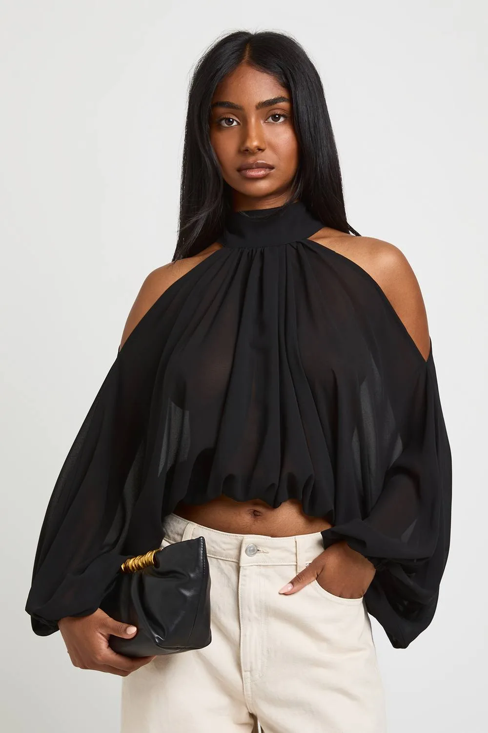 Chiffon Cold Shoulder Volume Sleeve Blouse by boohoo