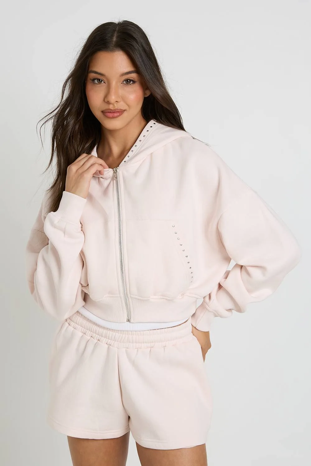 Stud Detail Boxy Crop Zip Through Hoodie - Knitted by boohoo