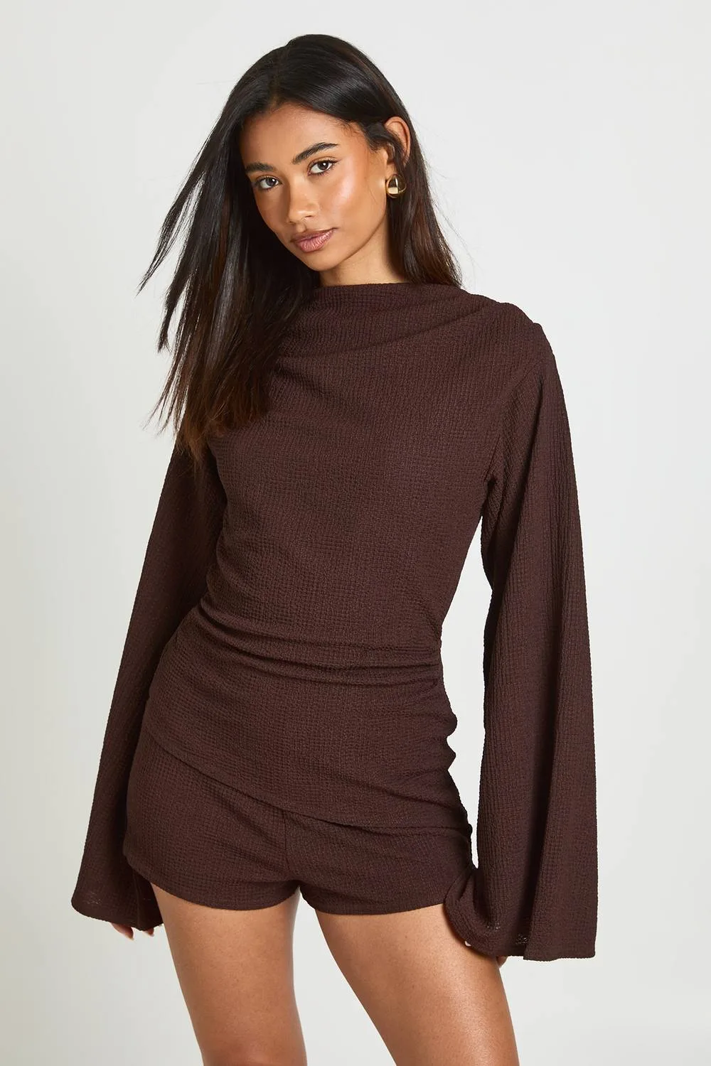 Textured Slash Neck Cinched Waist Playsuit - Polyurethane by boohoo