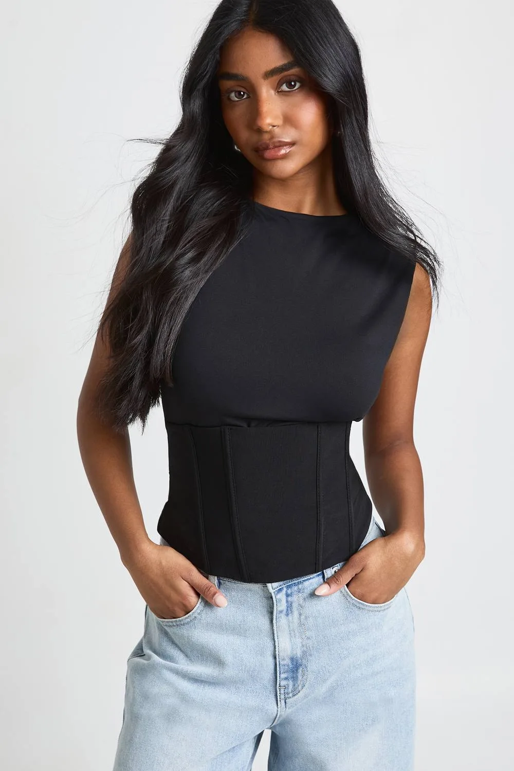 Bengaline Grown on Neck Lace Up Back Corset Top Detail Bodysuit by boohoo