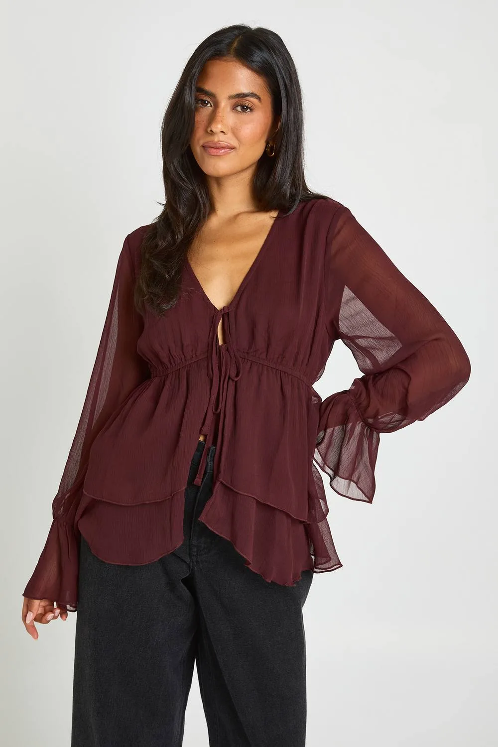 Ruffle Flare Sleeve Blouse - Denim/Viscose/Chiffon by boohoo